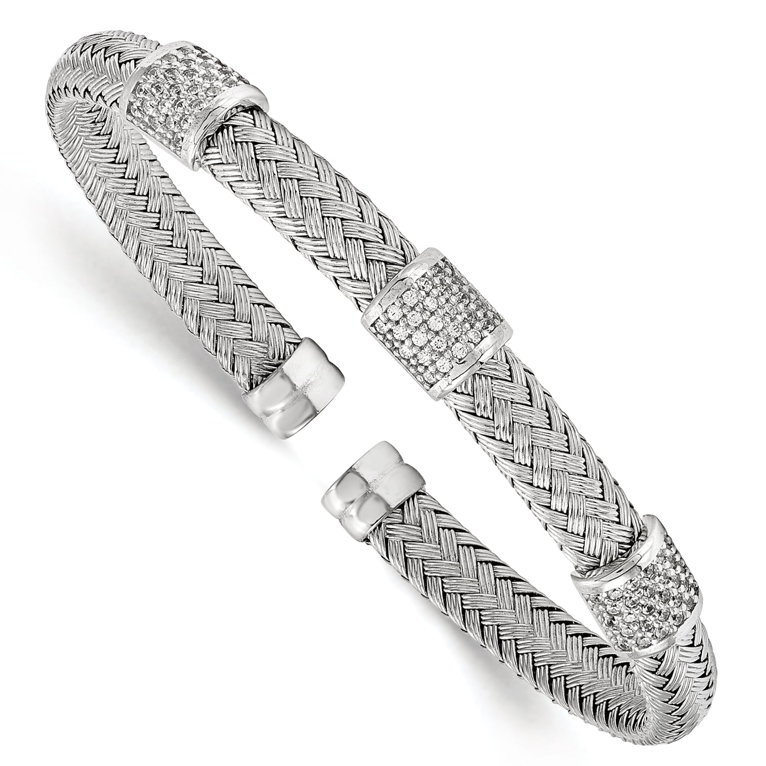 Sterling Silver Rhodium-plated CZ Woven Flexible Cuff