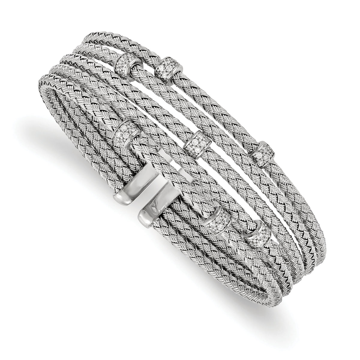 Sterling Silver Rhodium-plated CZ Woven Flexible Cuff