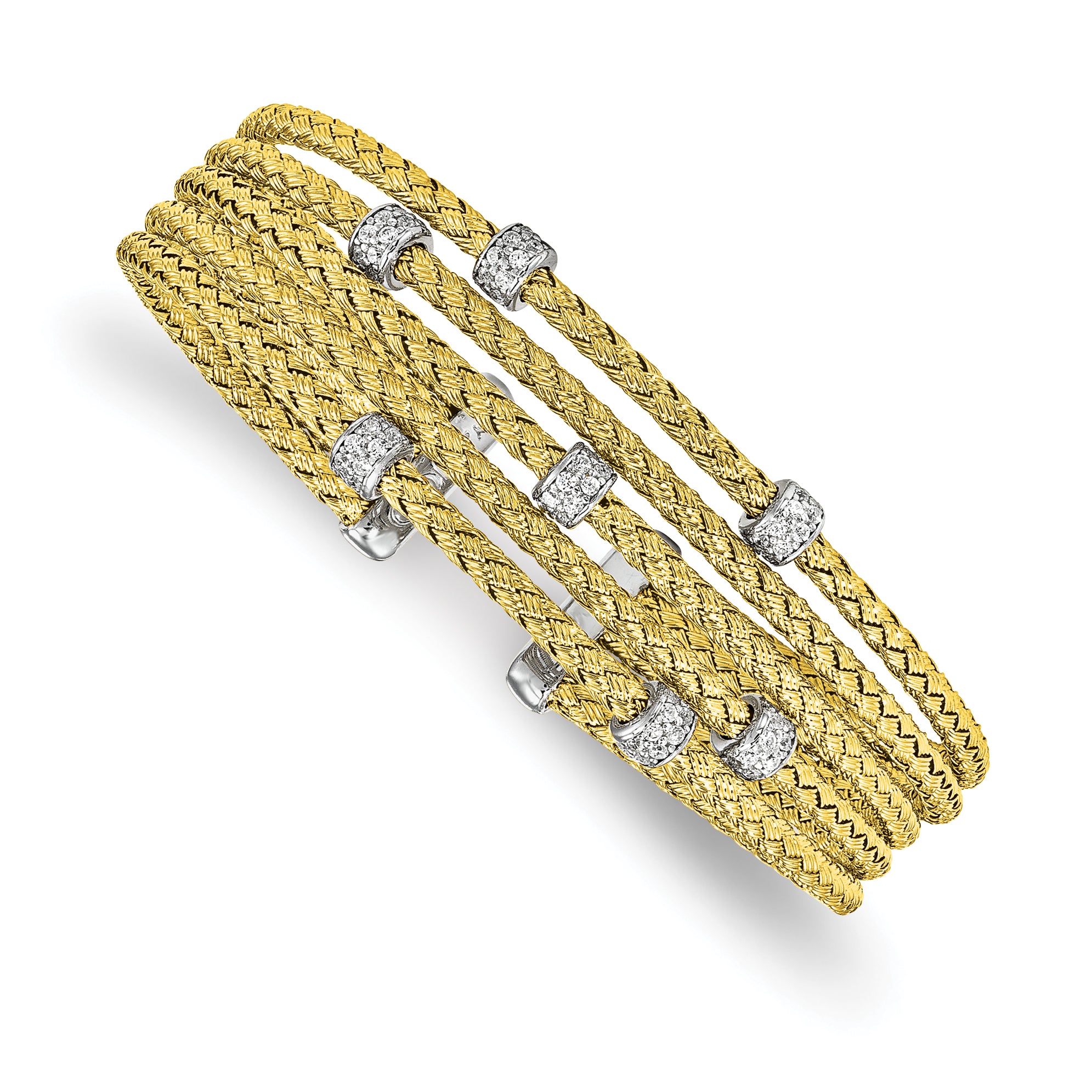 Sterling Silver Rhodium-plated Gold-plated CZ Woven Flexible Cuff