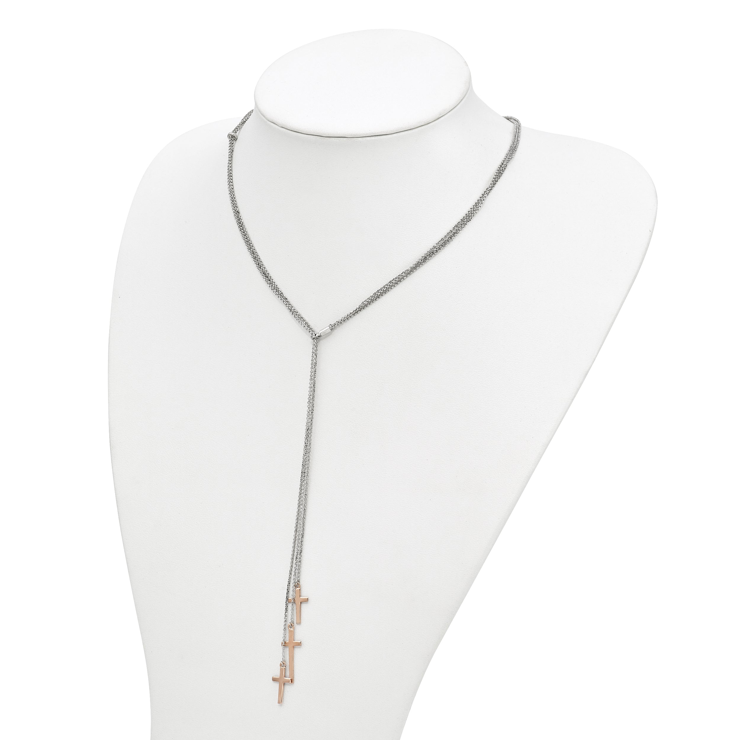 Sterling Silver 3 Rose-tone Cross Adj up to 24in Slip-on Necklace