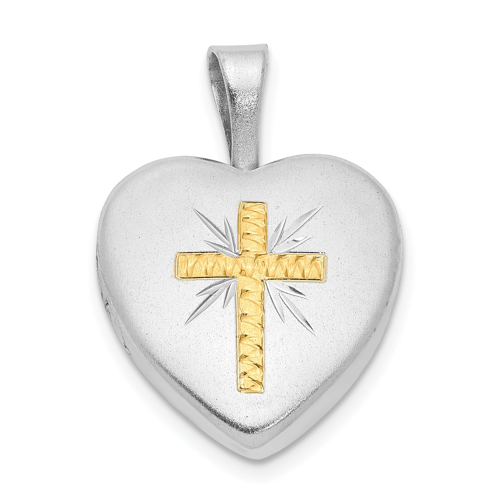 Sterling Silver Rhodium-plated & Gold Tone Satin & D/C Cross Heart Locket