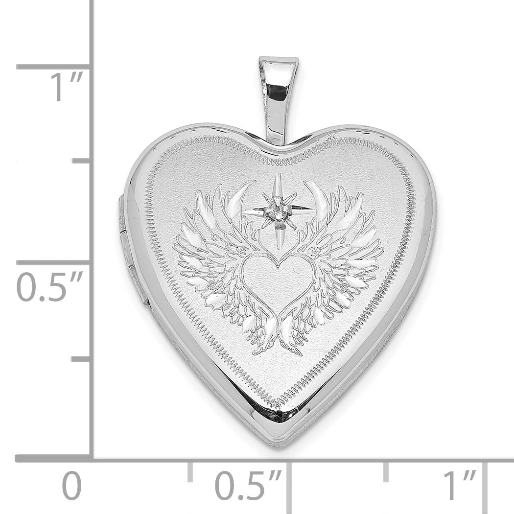 Sterling Silver Rhodium-plated Diamond Wings w/Heart 20mm Heart Locket