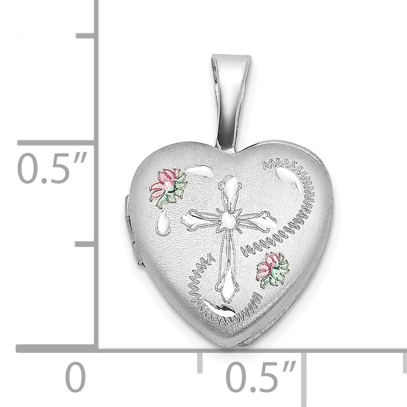 Sterling Silver Rhodium-plated D/C Enameled Floral Cross 12mm Heart Locket