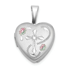 Sterling Silver Rhodium-plated D/C Enameled Floral Cross 12mm Heart Locket