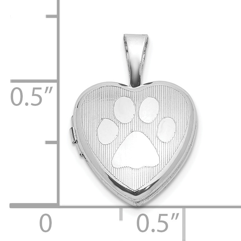 Sterling Silver Rhod-plated Textured Paw Print 12mm Heart Locket