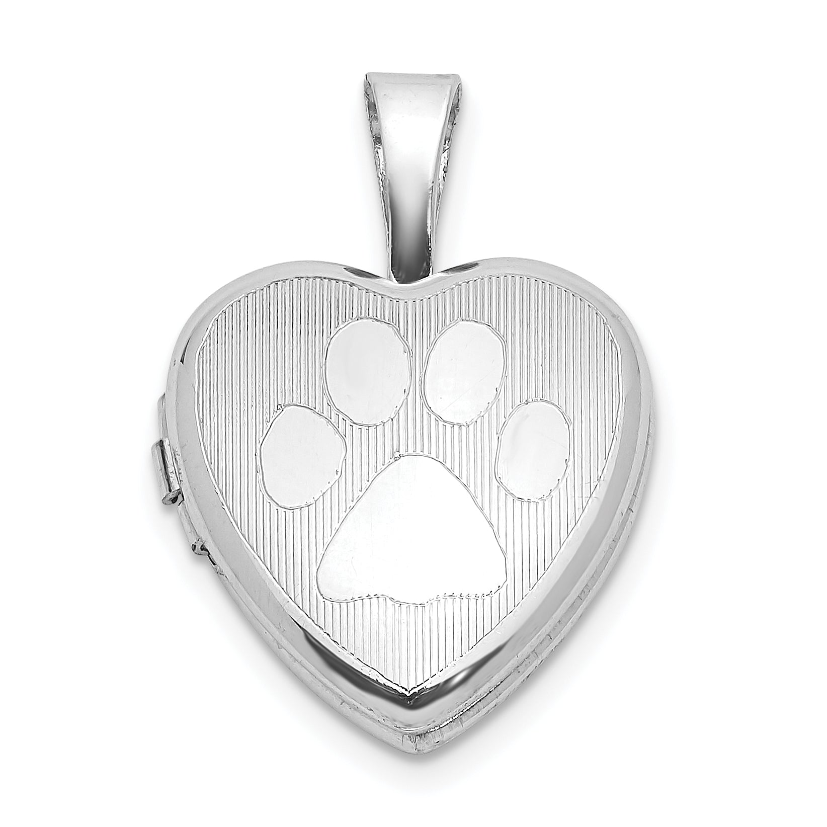 Sterling Silver Rhod-plated Textured Paw Print 12mm Heart Locket