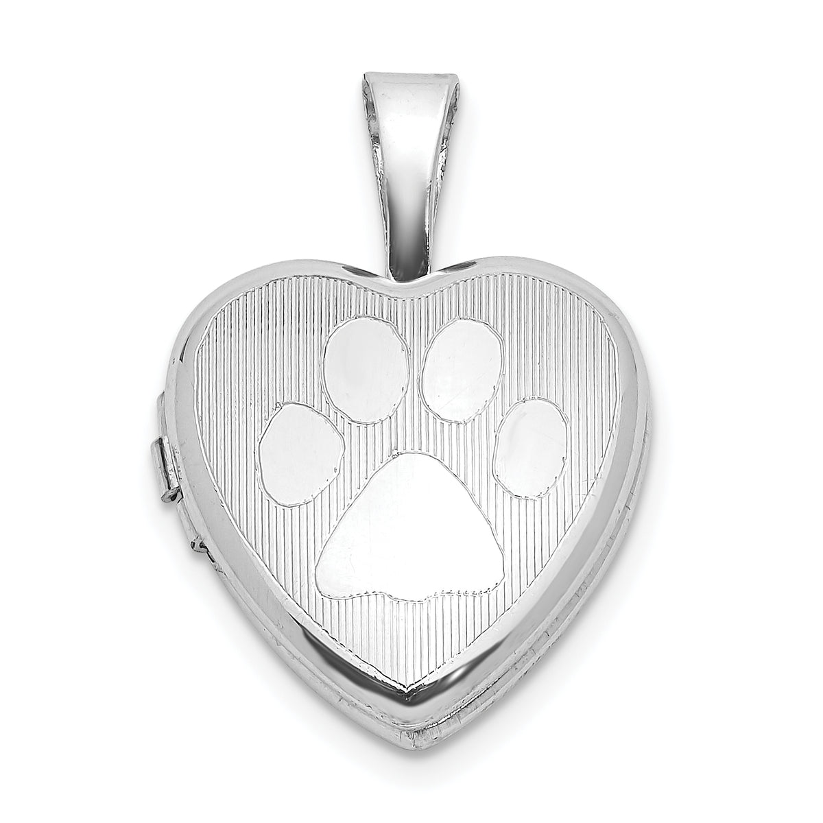 Sterling Silver Rhod-plated Textured Paw Print 12mm Heart Locket