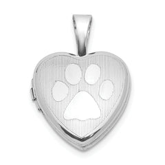 Sterling Silver Rhod-plated Textured Paw Print 12mm Heart Locket