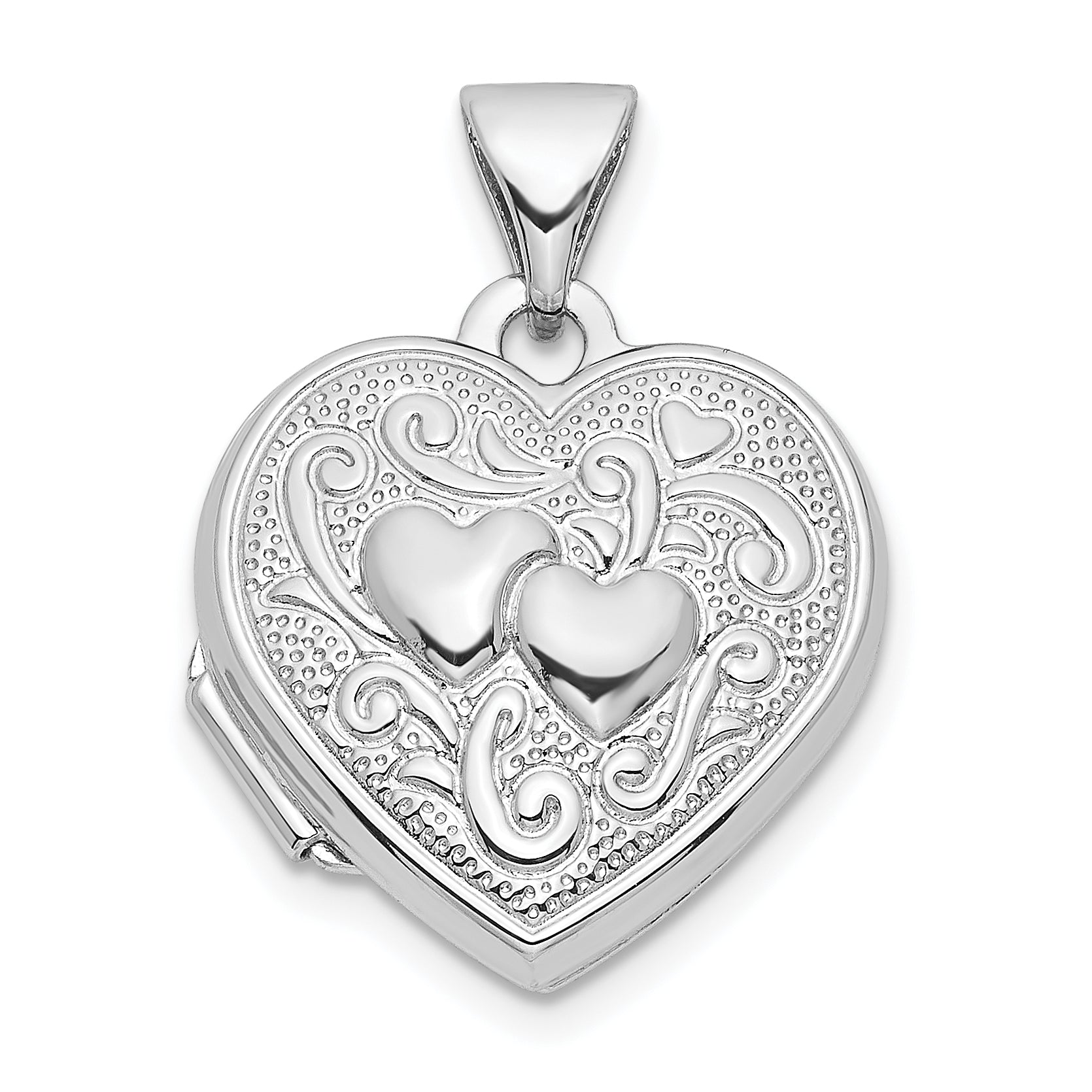 Sterling Silver Rhodium-plated Double Hearts 15mm Heart Locket