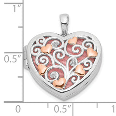 Sterling Silver Rhodium-plated CZ Rose Rhodium Filigree 18mm Heart Locket