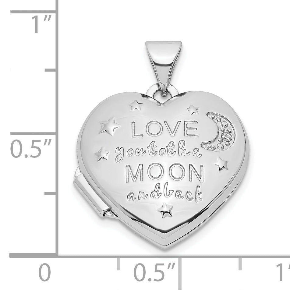 Sterling Silver Rhodium-plated CZ Love Moon and Back 18mm Heart Locket