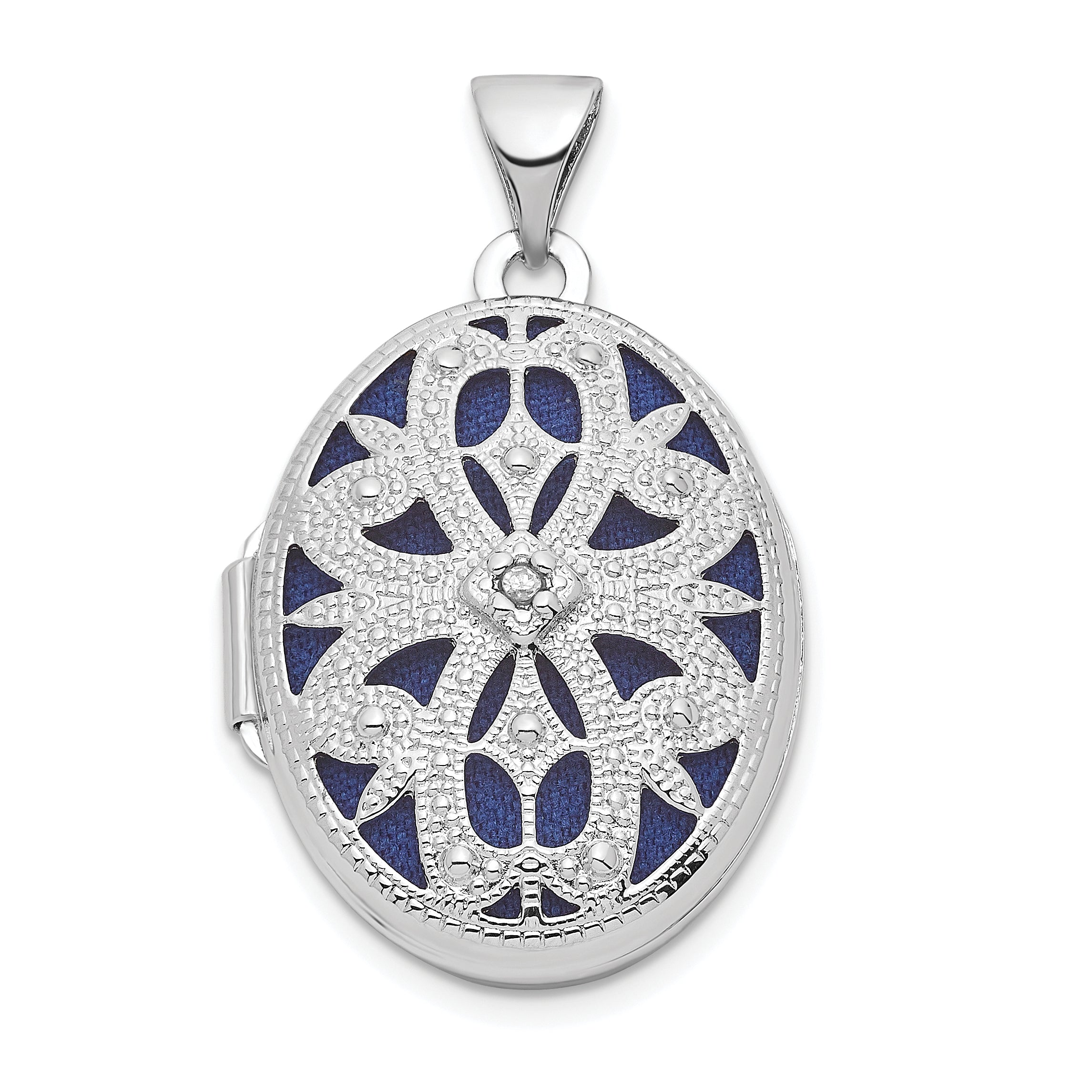 Sterling Silver Rhodium-plated Filigree Diamond 21mm Oval Locket