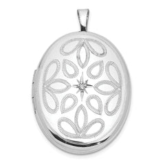 Sterling Silver Rhodium-plated Diamond Leaves 26x20mm Oval Locket