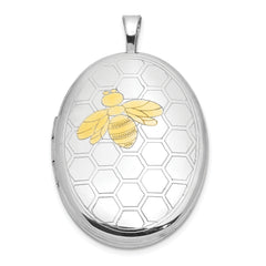 Sterling Silver RH-plated Gold-tone Bee & Honeycomb 26x20mm Oval Locket