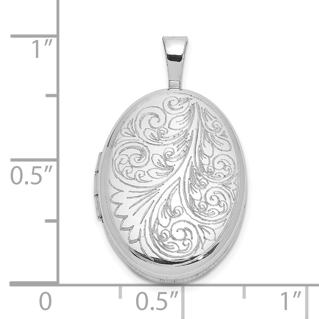 Sterling Silver Rhodium-plated Polished Scroll Design 19x15mm Oval Locket