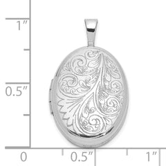 Sterling Silver Rhodium-plated Polished Scroll Design 19x15mm Oval Locket