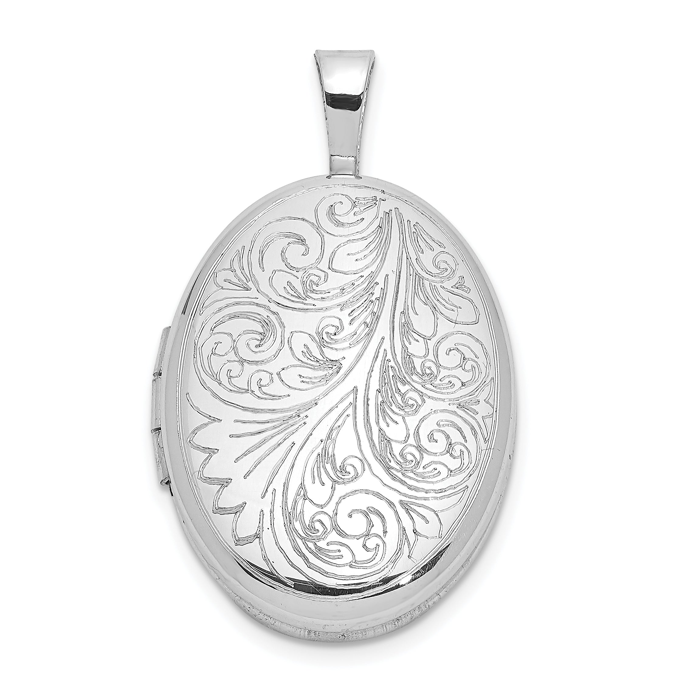 Sterling Silver Rhodium-plated Polished Scroll Design 19x15mm Oval Locket