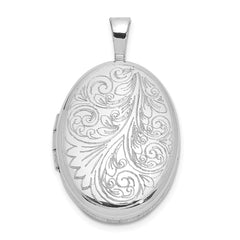 Sterling Silver Rhodium-plated Polished Scroll Design 19x15mm Oval Locket