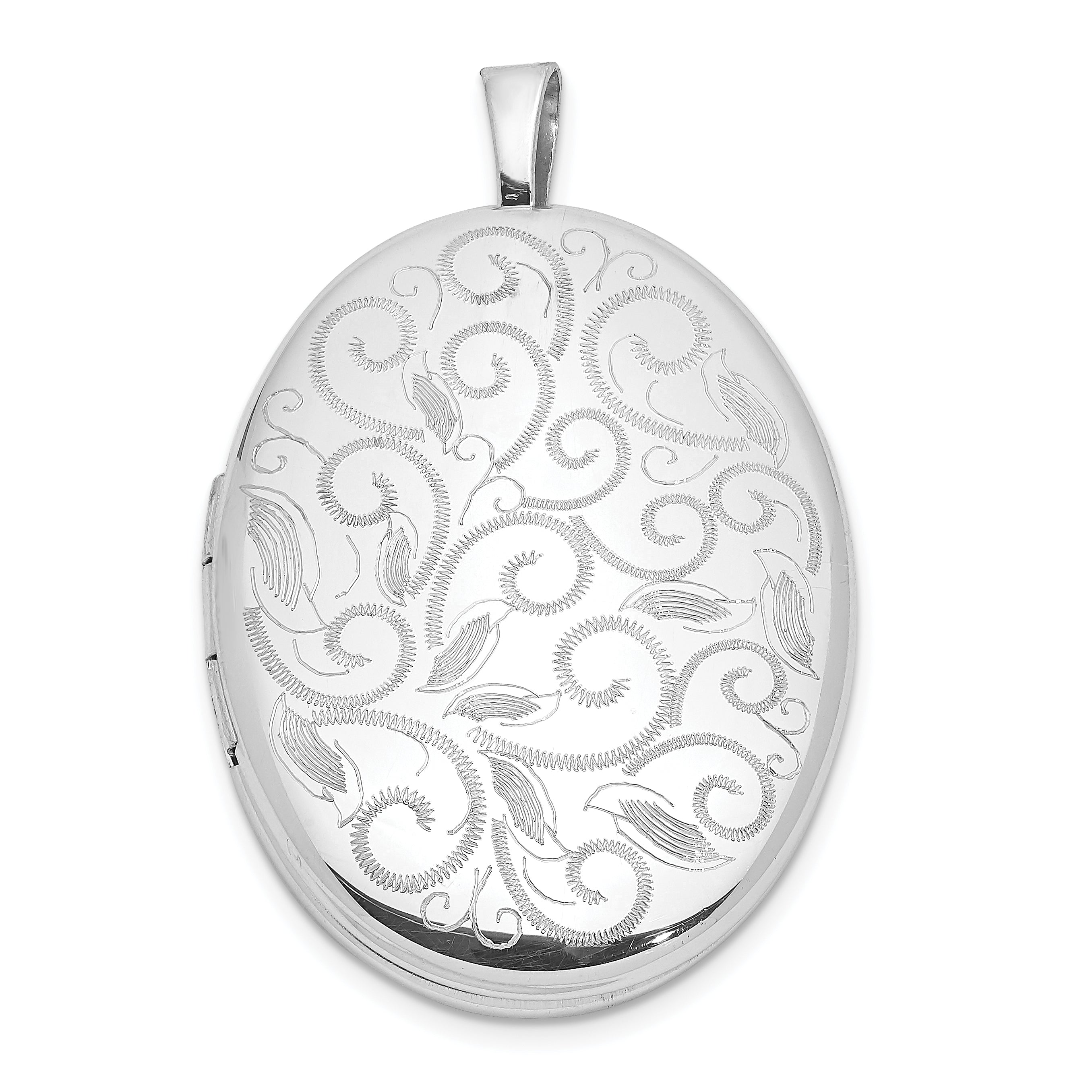 Sterling Silver Rhodium-plated Scroll Design 26x20mm Oval Locket