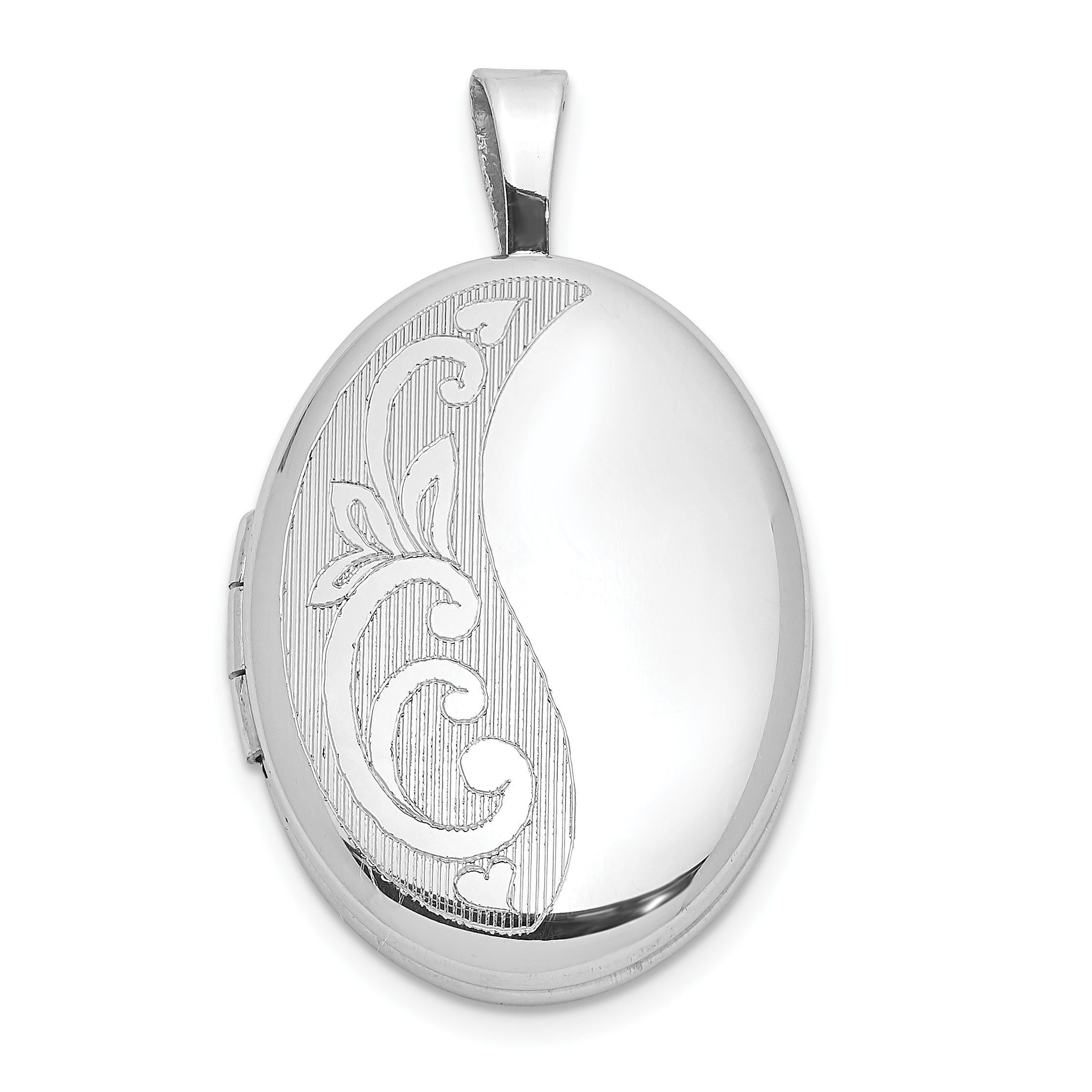 Sterling Silver Rhodium-plated Side Scroll Design 19x15mm Oval Locket