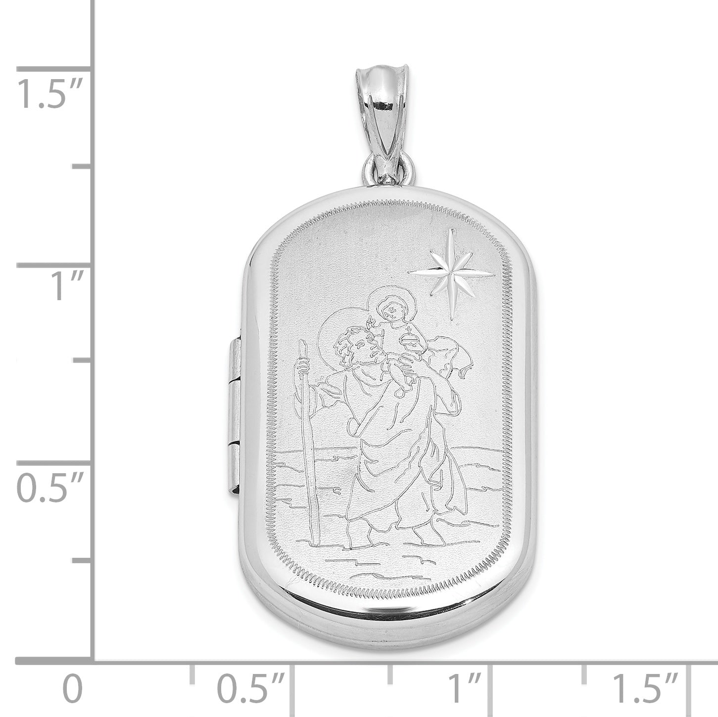 Sterling Silver RH-plated Satin St. Christopher 30x19mm Rectangle Locket