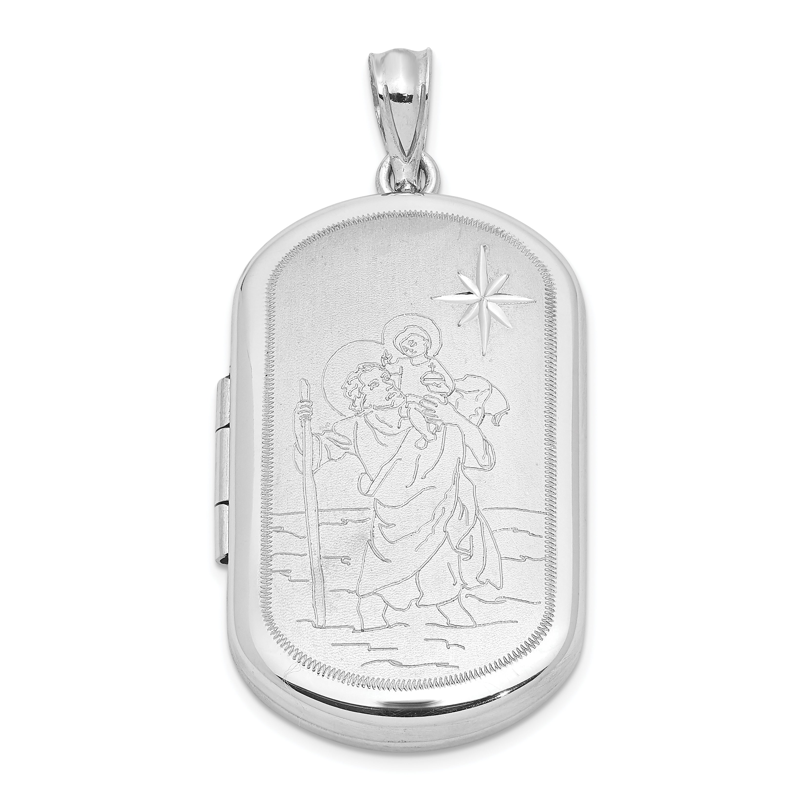 Sterling Silver RH-plated Satin St. Christopher 30x19mm Rectangle Locket