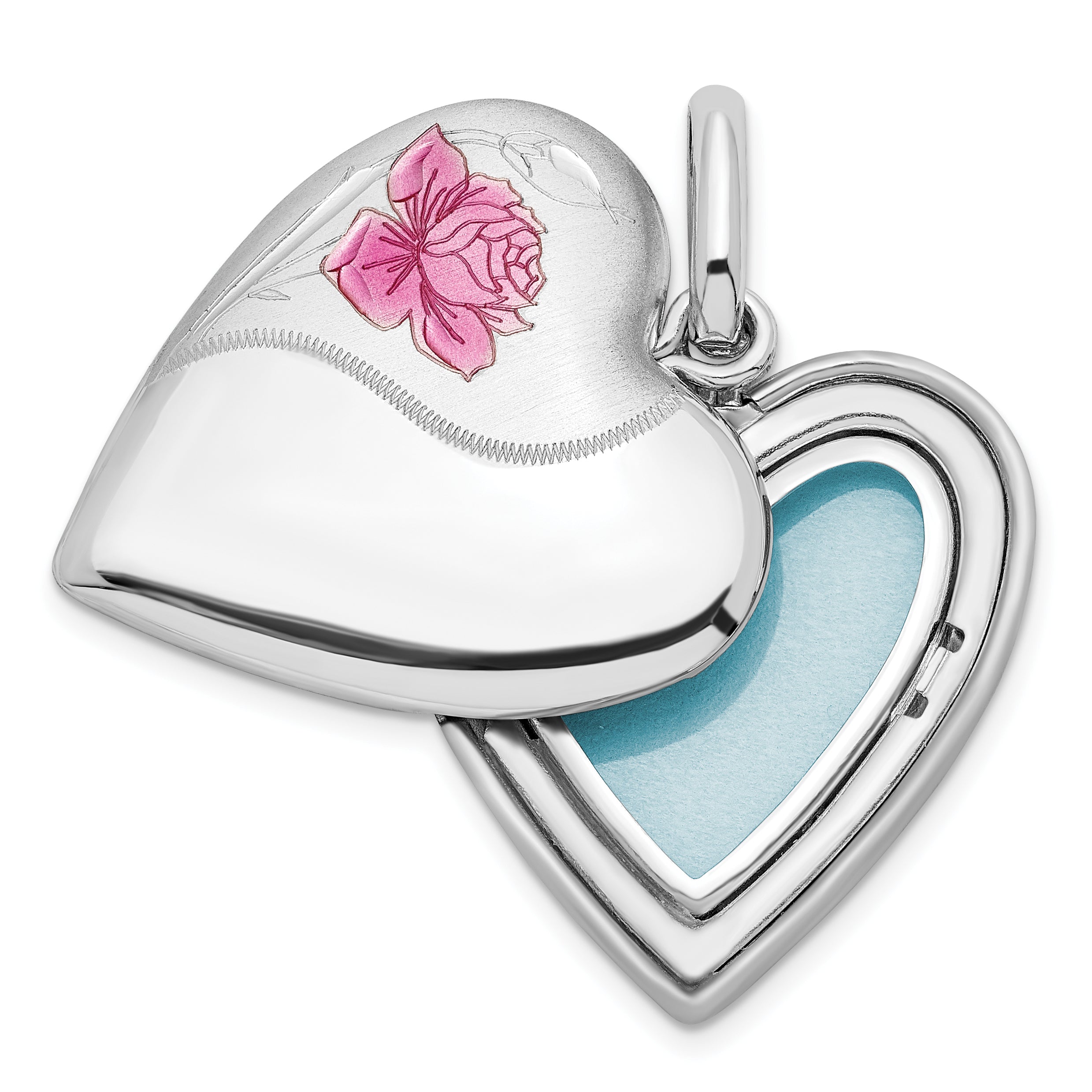 Sterling Silver Rhodium-plated 20mm Enamel Rose Heart Swing Locket