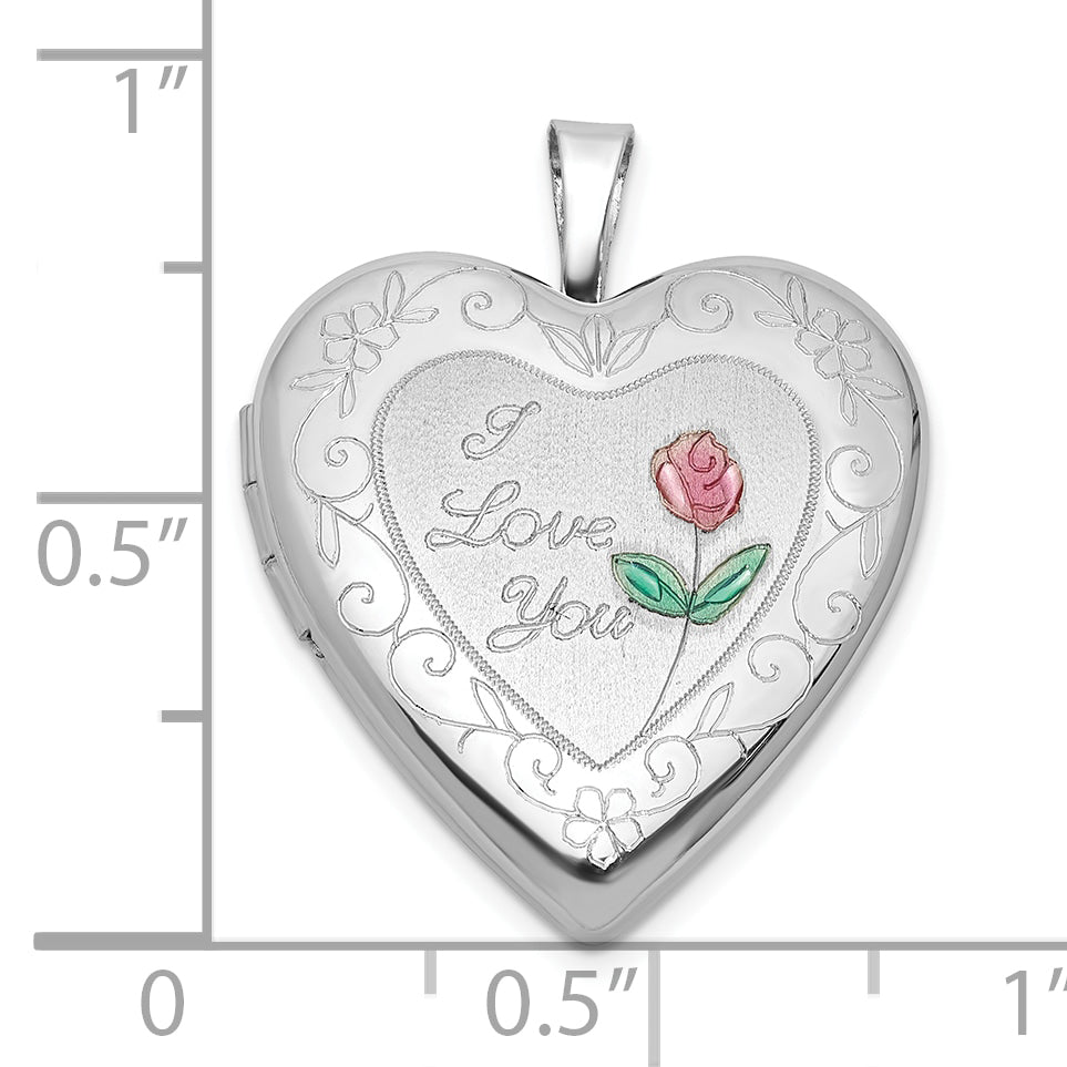 Sterling Silver Rh-plate Polish/Satin Epoxy 20mm I Love You Rose Locket