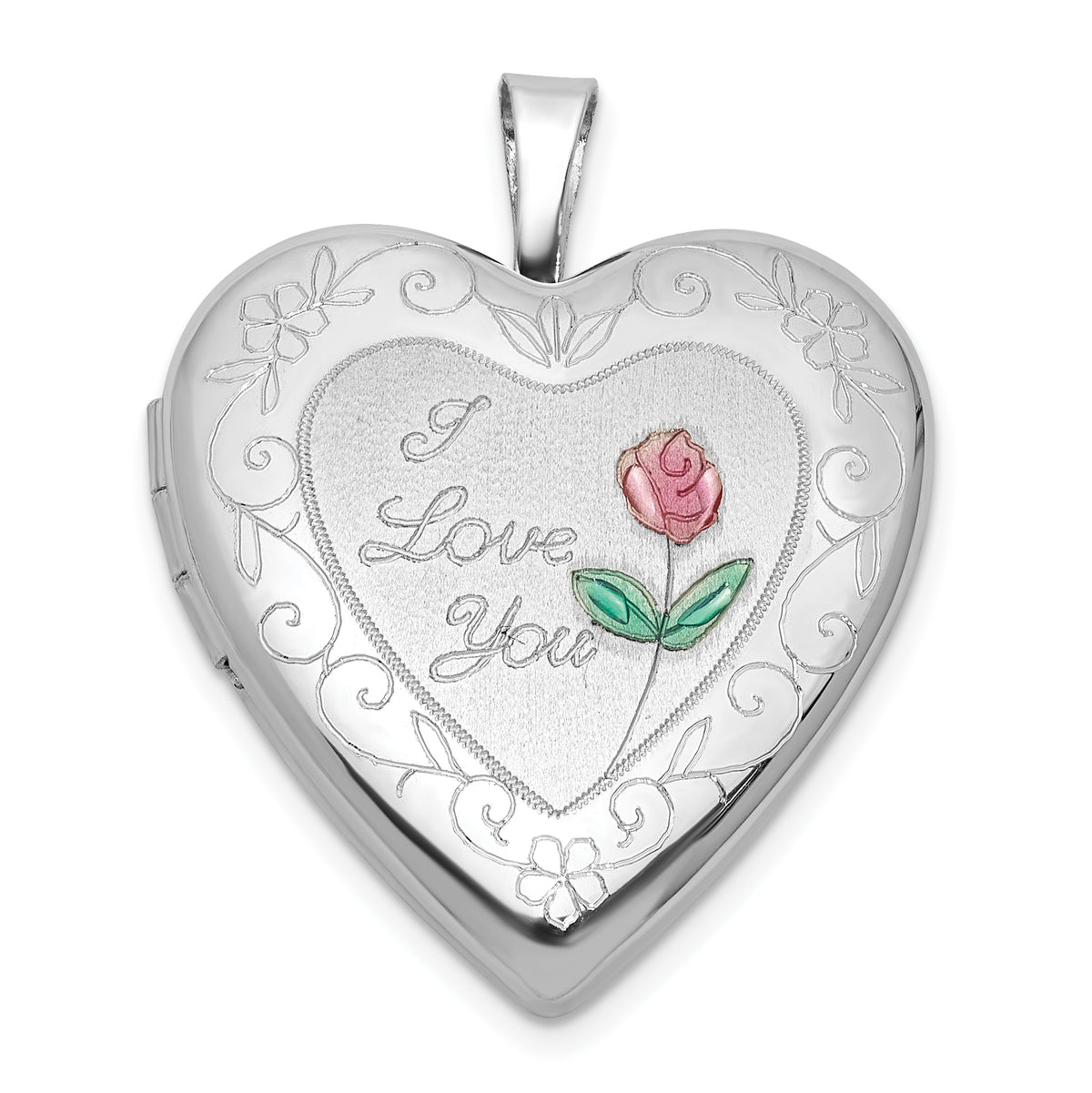 Sterling Silver Rh-plate Polish/Satin Epoxy 20mm I Love You Rose Locket