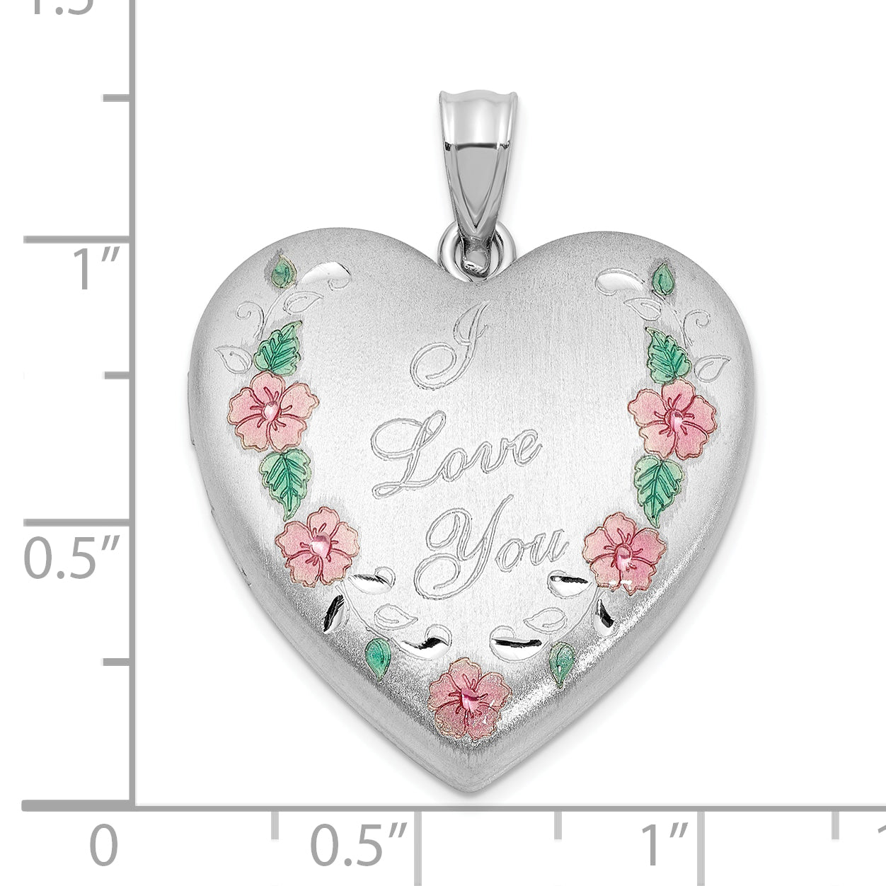 Sterling Silver Rh-plated Satin Epoxy I Love You Floral 24mm Heart Locket