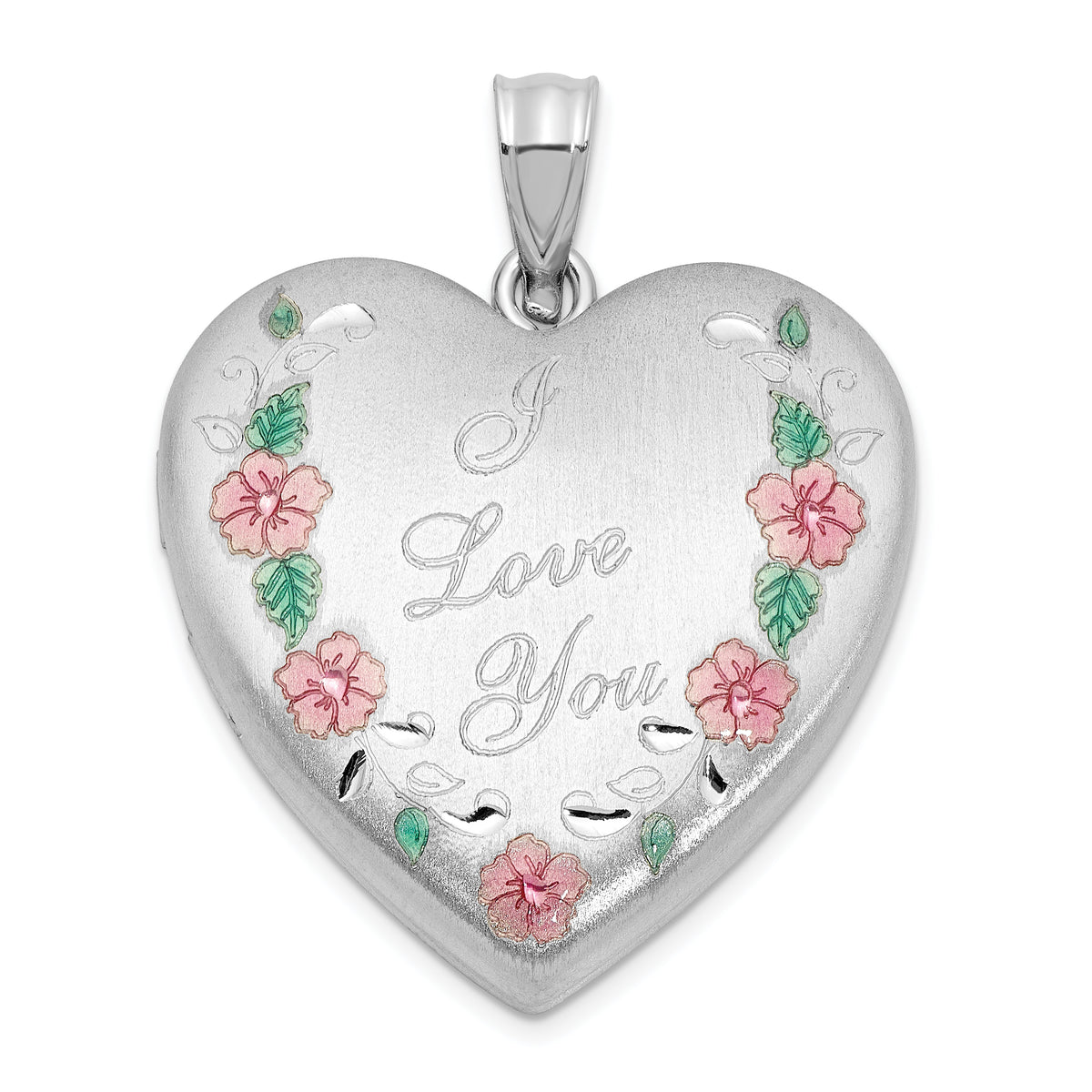 Sterling Silver Rh-plated Satin Epoxy I Love You Floral 24mm Heart Locket