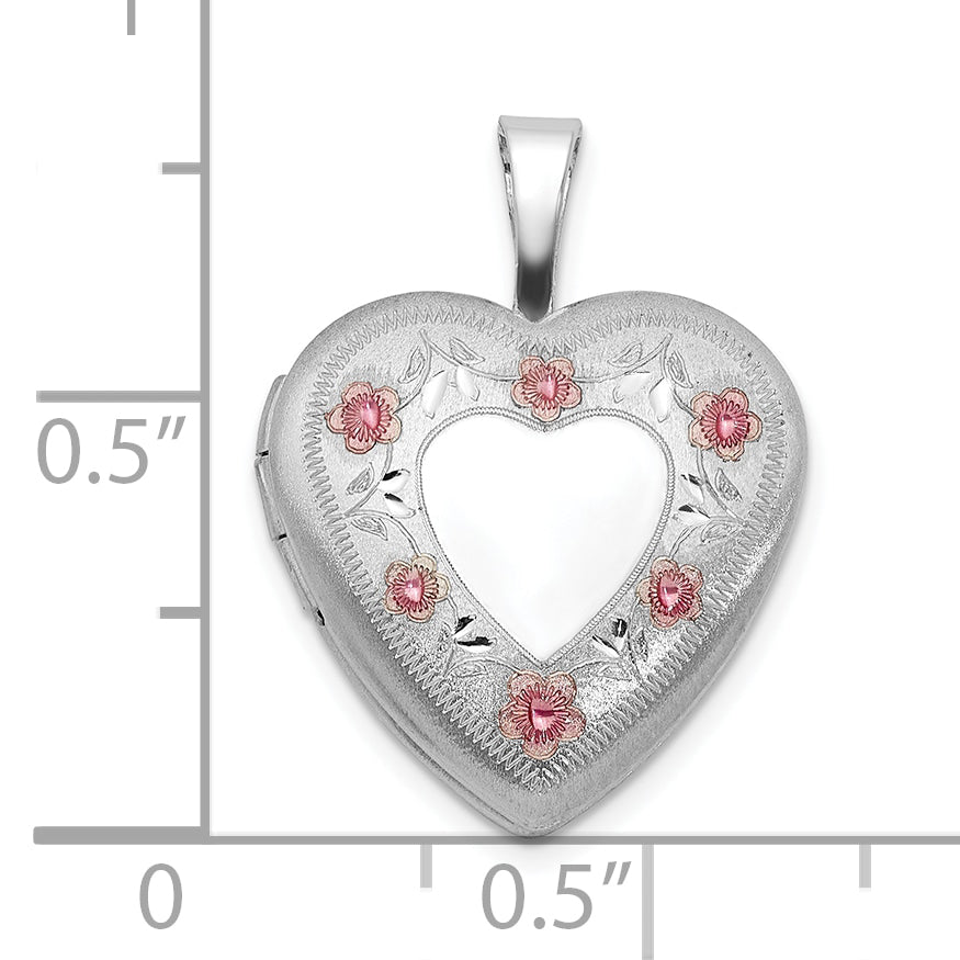 Sterling Silver RH-plated Polished / Satin Epoxy 16mm Floral Heart Locket