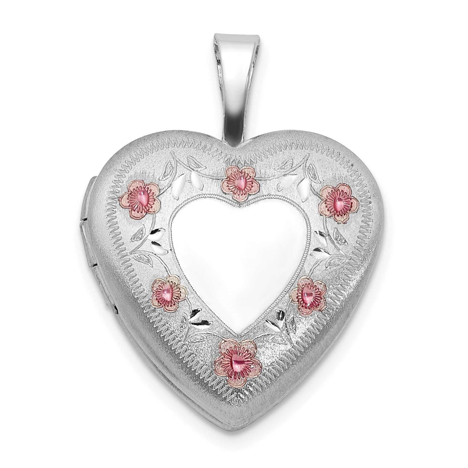 Sterling Silver RH-plated Polished / Satin Epoxy 16mm Floral Heart Locket