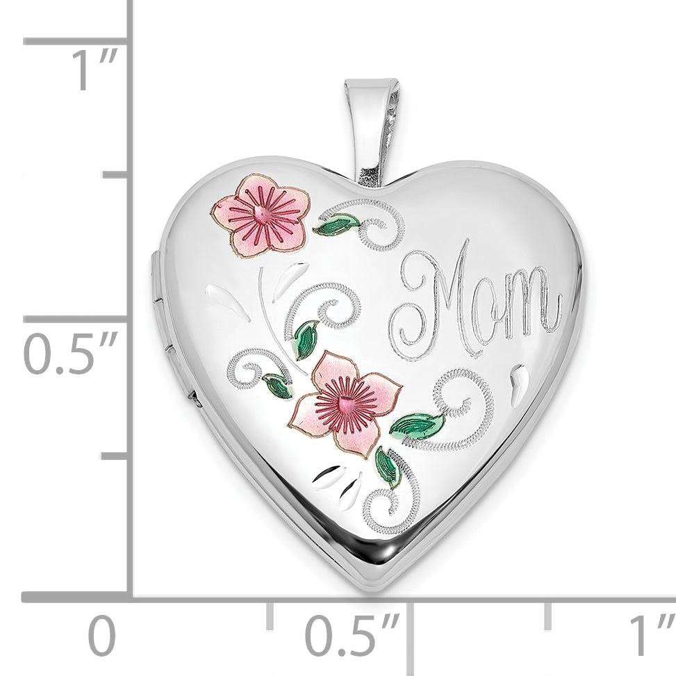 Sterling Silver Rhodium-plated Epoxy 20mm Floral Mom Heart Locket