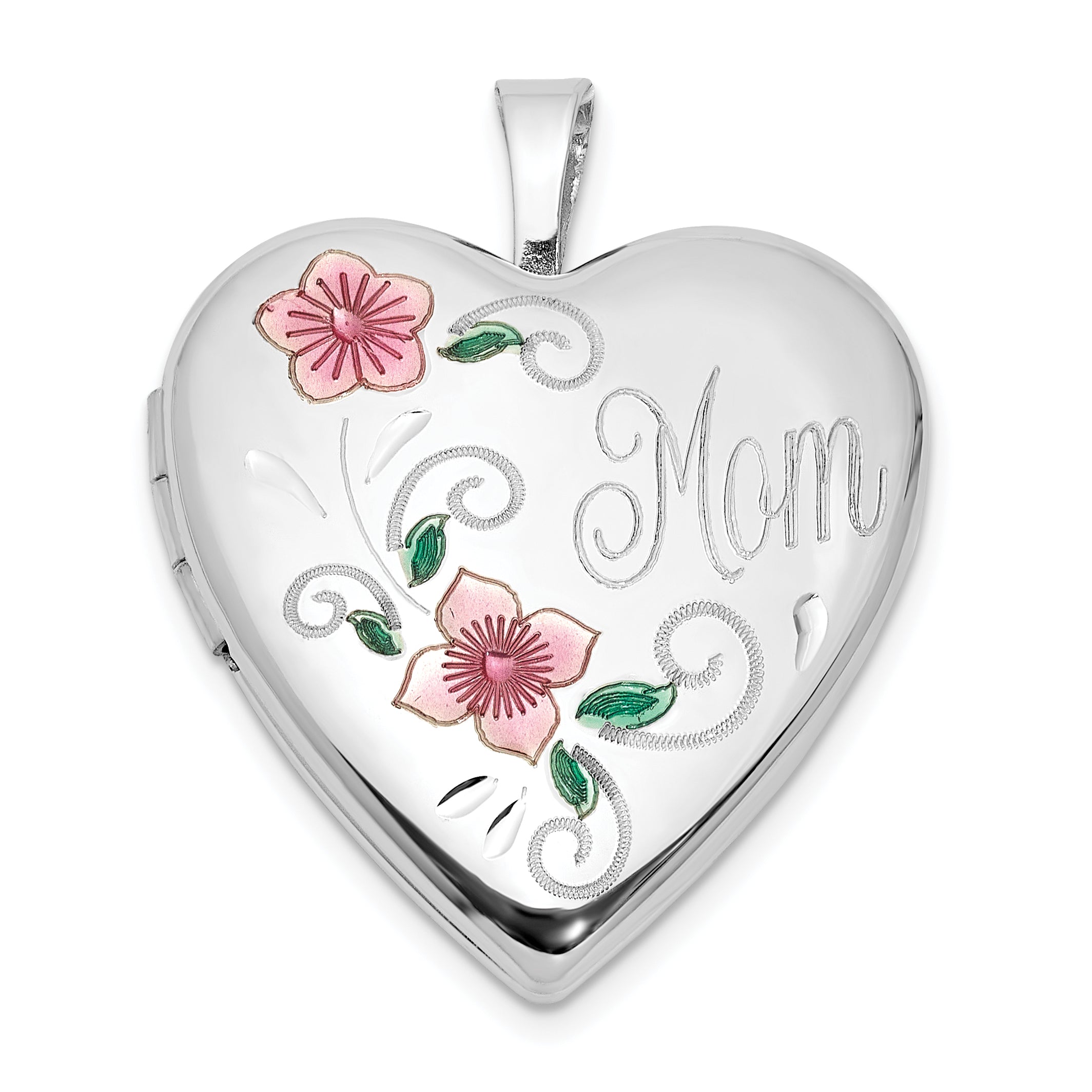 Sterling Silver Rhodium-plated Epoxy 20mm Floral Mom Heart Locket