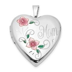 Sterling Silver Rhodium-plated Epoxy 20mm Floral Mom Heart Locket