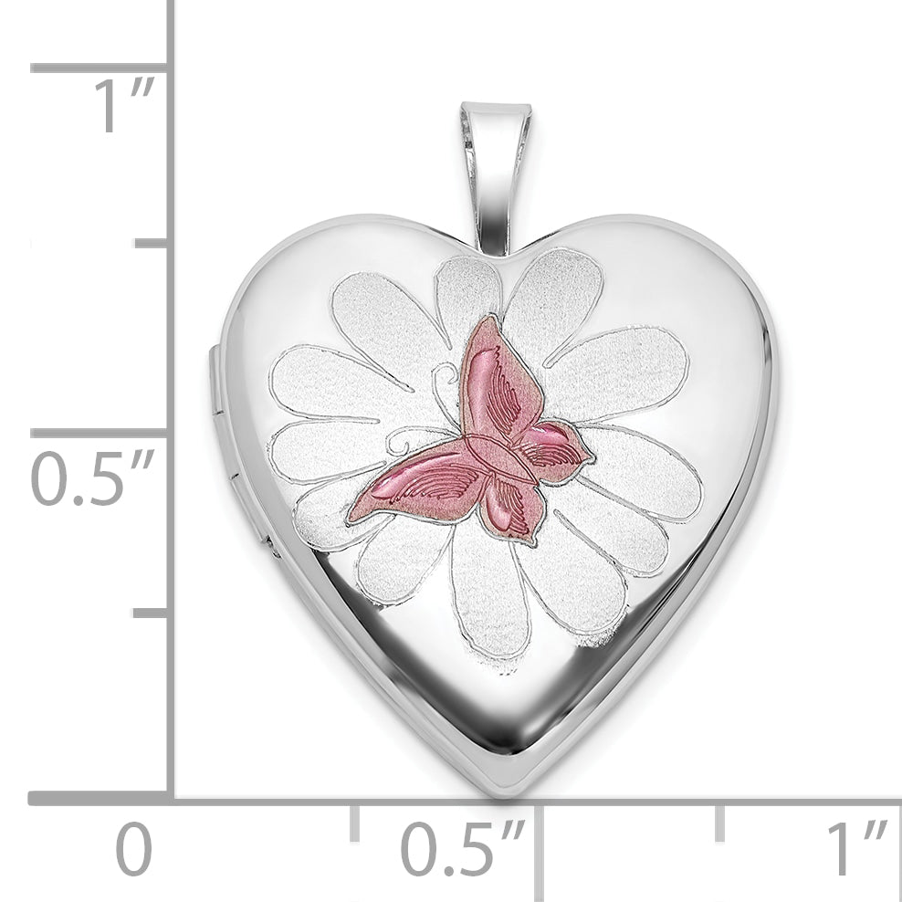 Sterling Silver RH-plate Polished/Satin Epoxy 20mm Butterfly Heart Locket