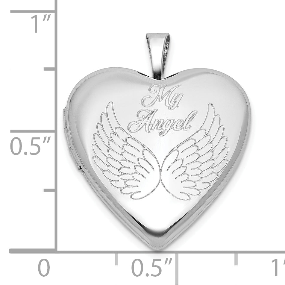 Sterling Silver Rhodium-plated MY ANGEL Angel Wings 20mm Heart Locket