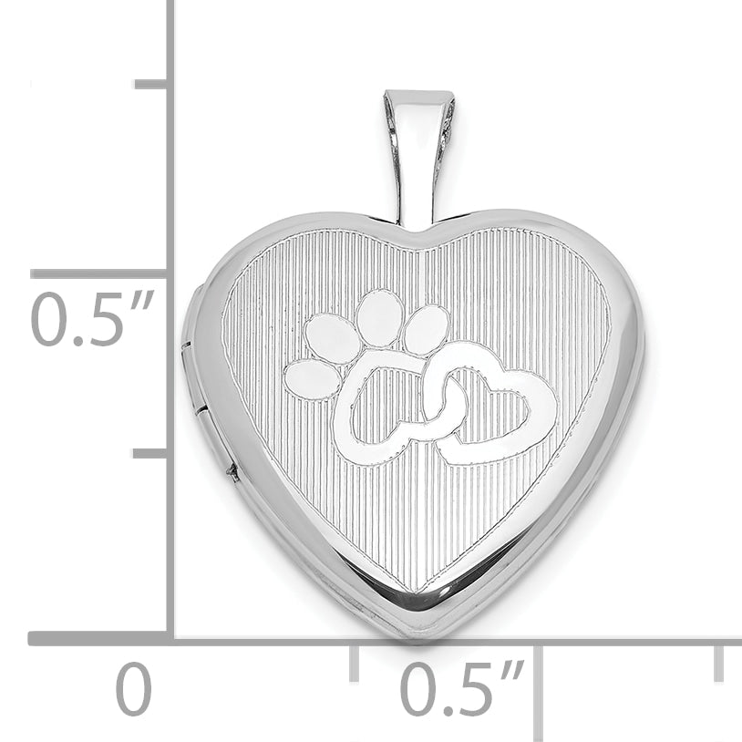 Sterling Silver Rhodium-plated Paw Prints w/Heart 16mm Heart Locket