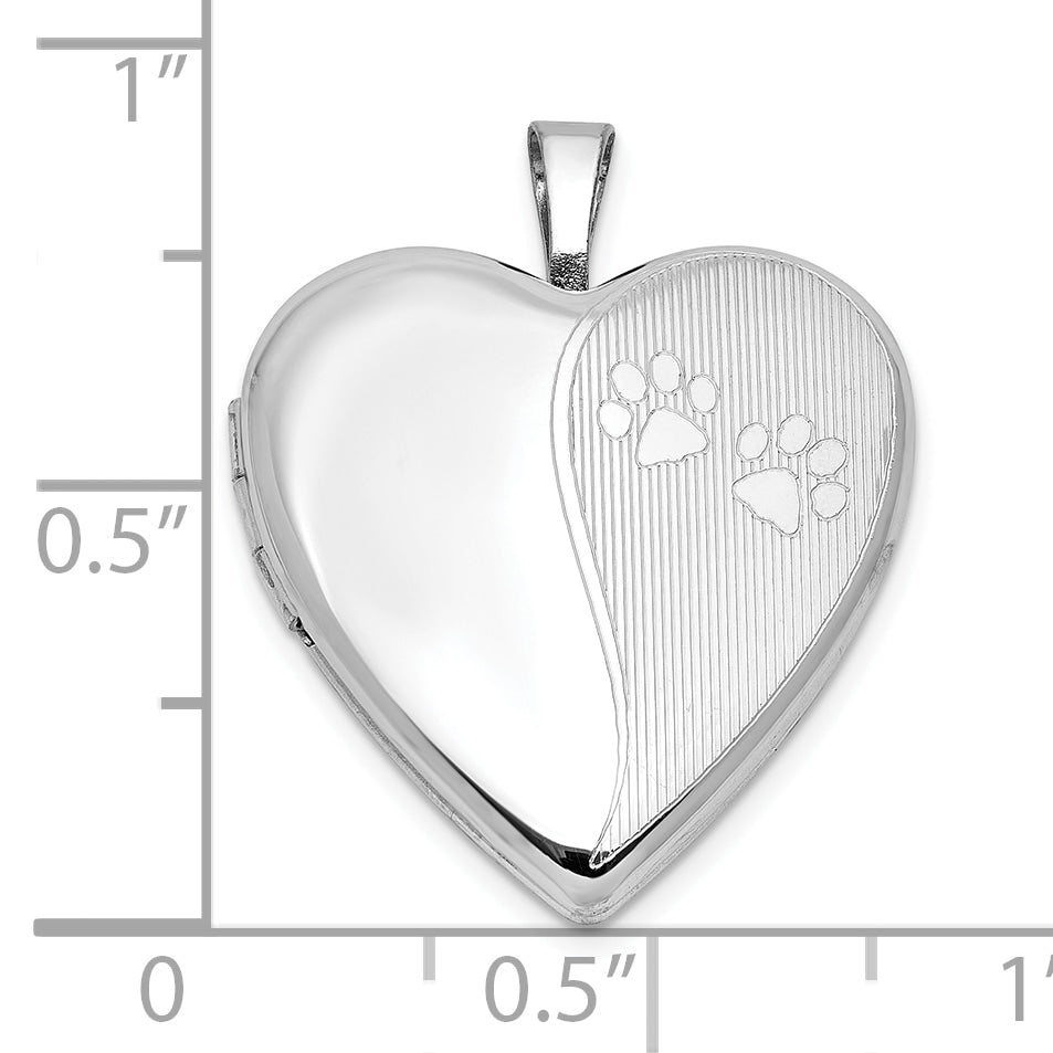 Sterling Silver Rhodium-plated Polished Paw Prints 20mm Heart Locket