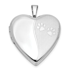 Sterling Silver Rhodium-plated Polished Paw Prints 20mm Heart Locket