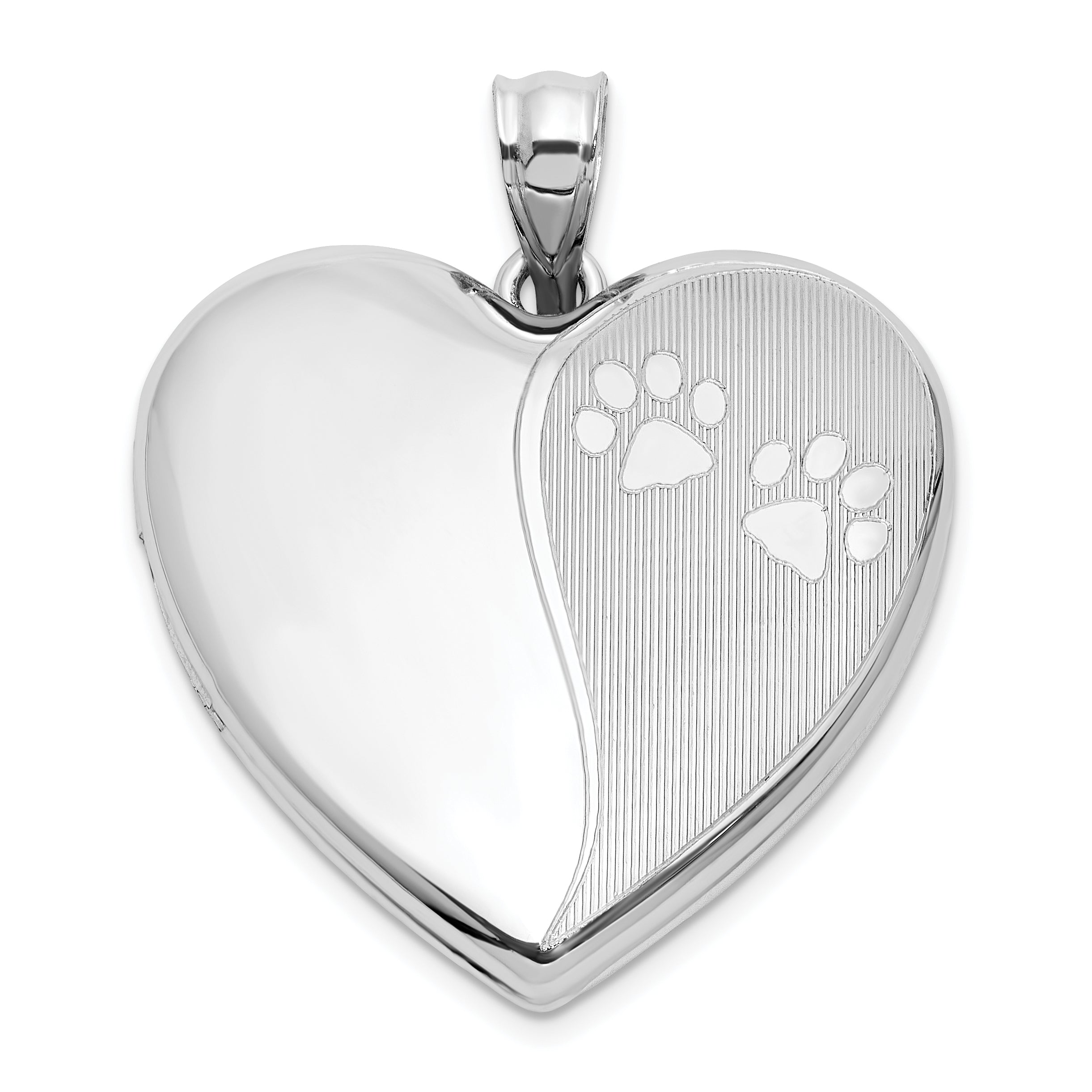 Sterling Silver Rhodium-plated Polished Paw Print 24mm Heart Locket