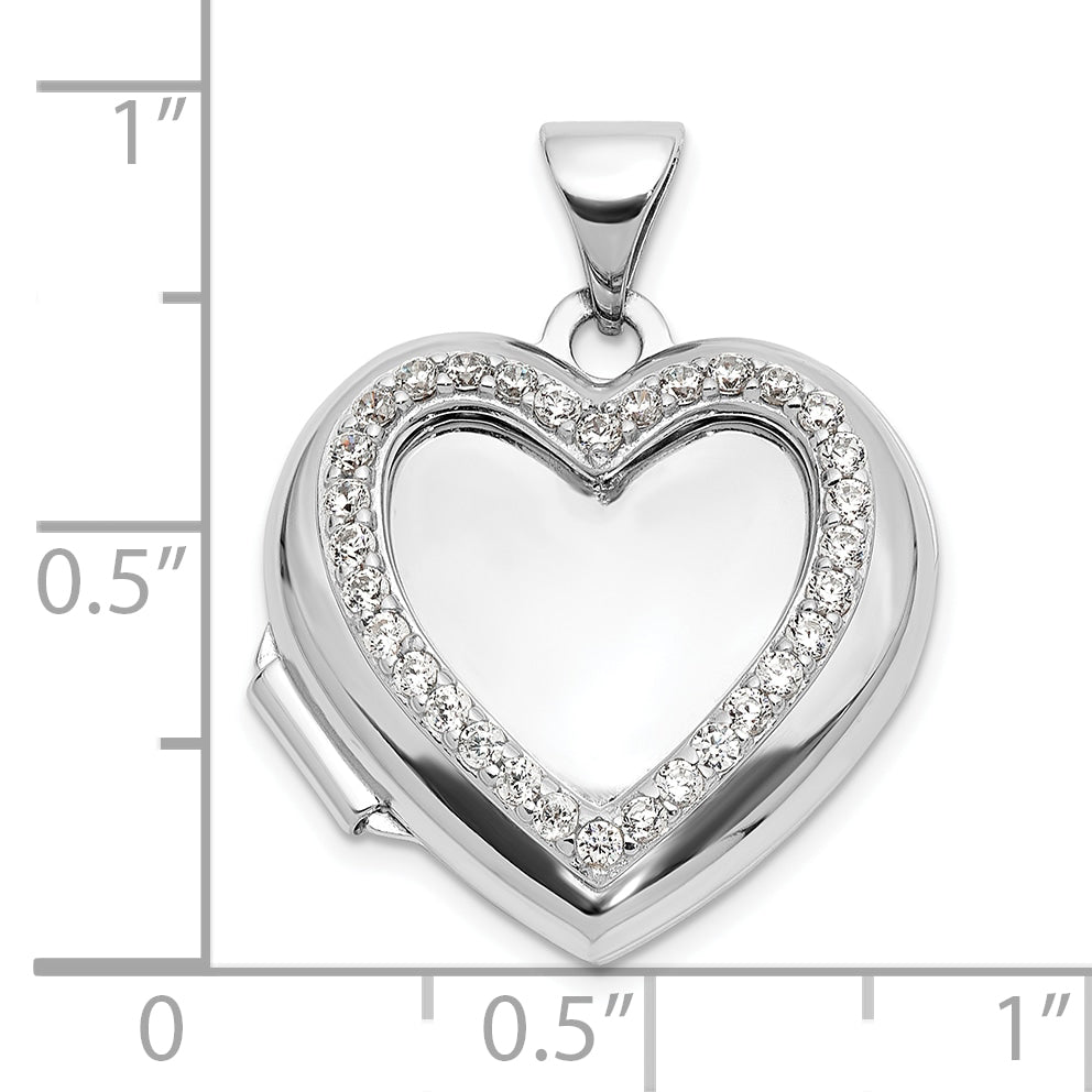 Sterling Silver Rhodium-plated Polished CZ 18mm Heart Locket