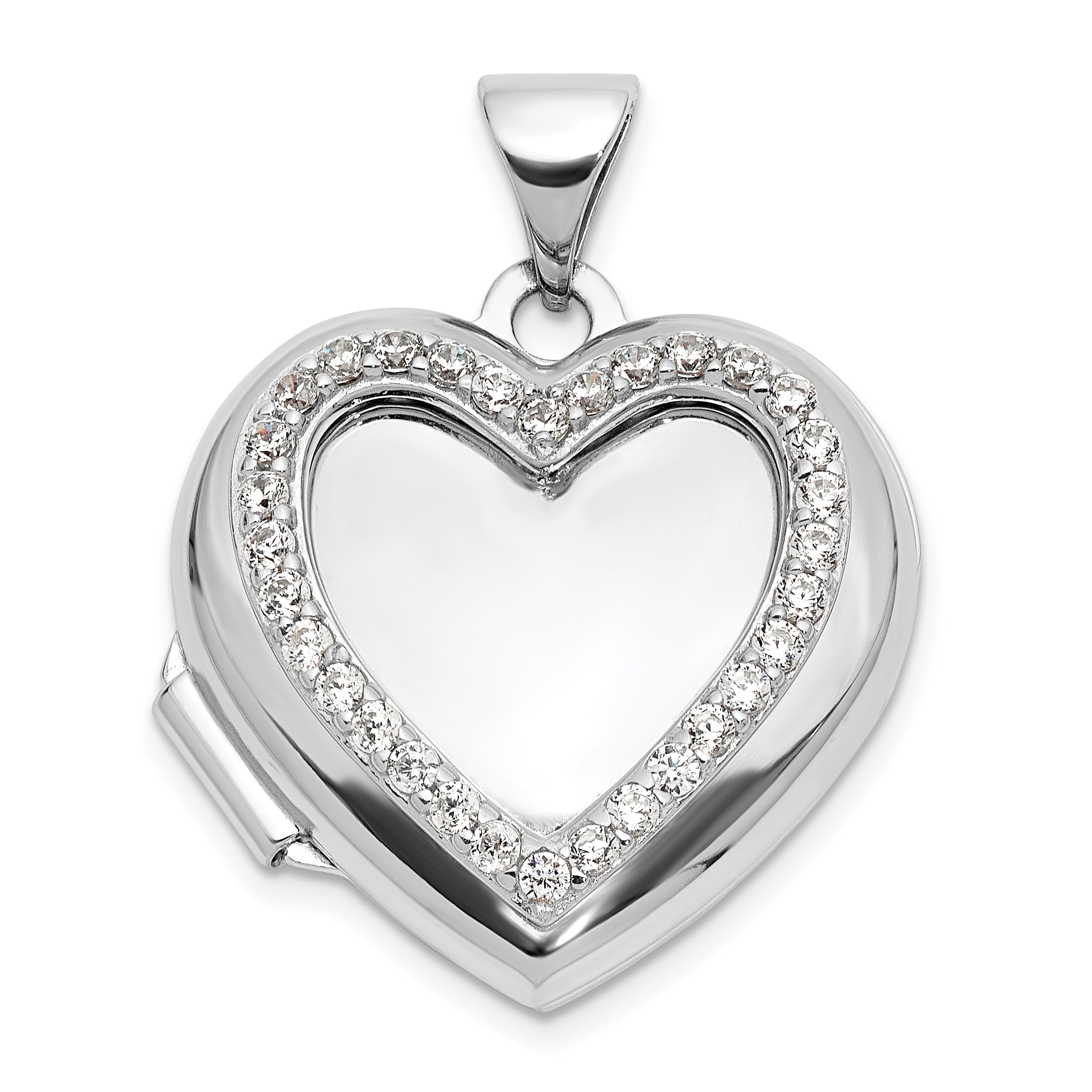 Sterling Silver Rhodium-plated Polished CZ 18mm Heart Locket