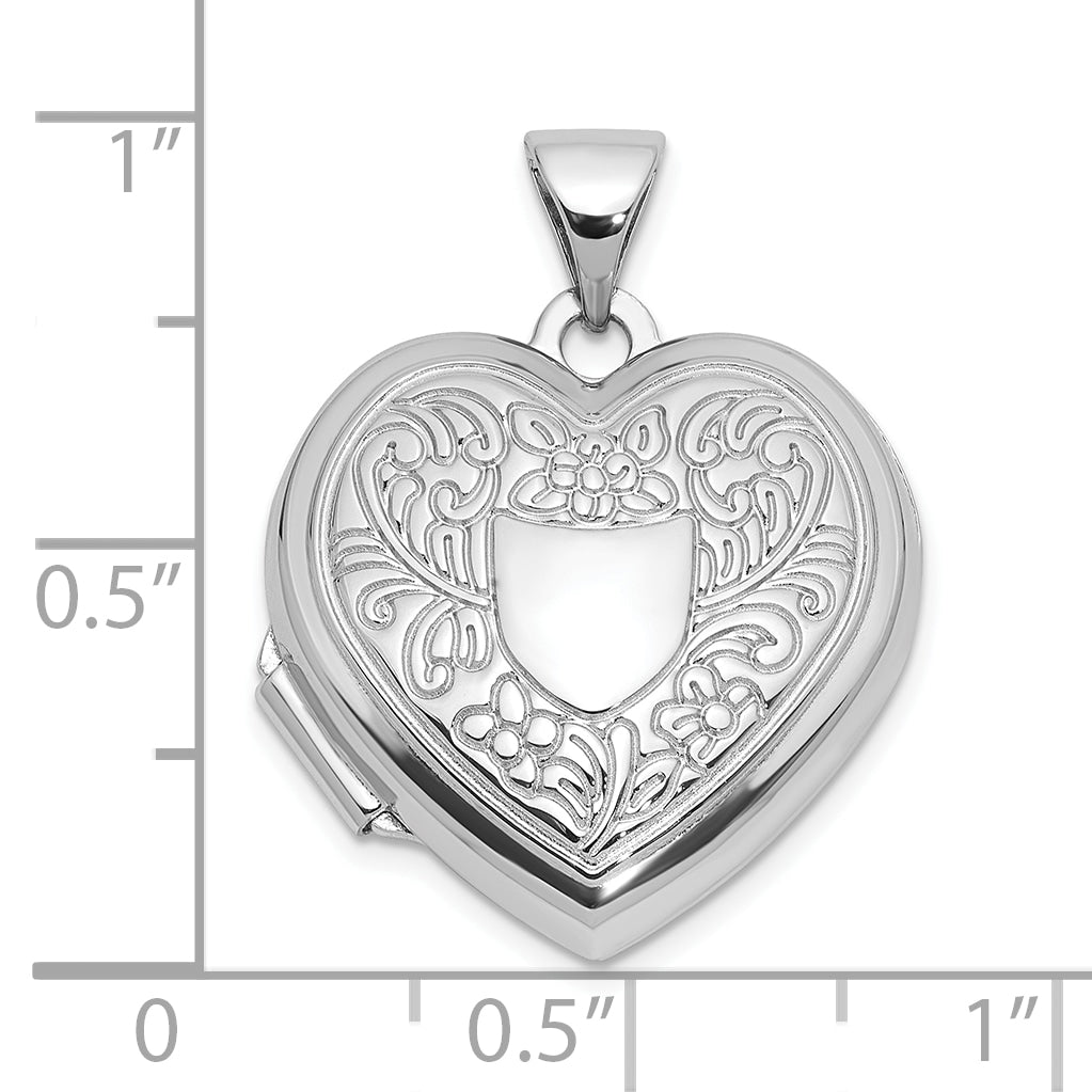 Sterling Silver Rh-pltd Polished Floral Border/ Crest 18mm Heart Locket