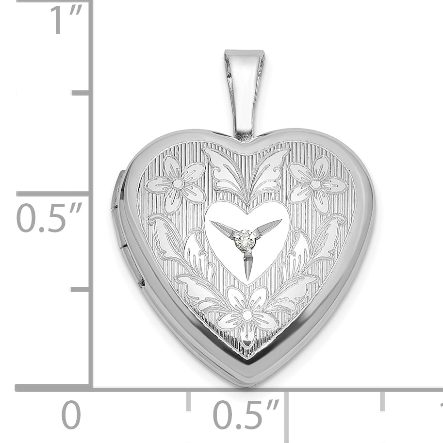 Sterling Silver Rhodium-plated Diamond 16mm Floral Heart Locket