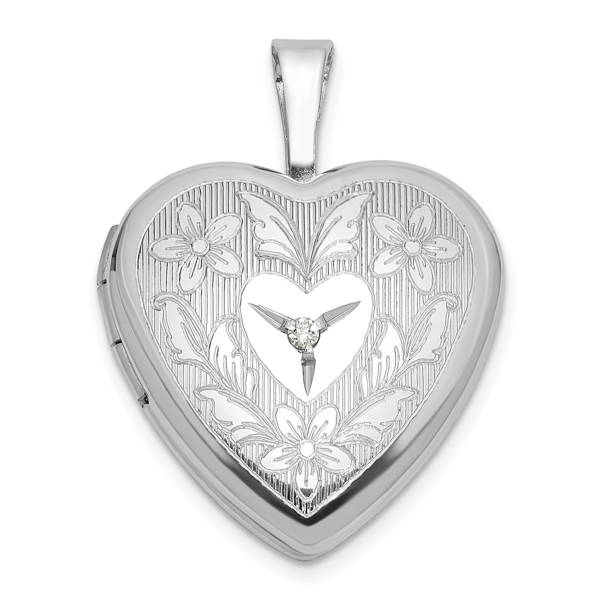 Sterling Silver Rhodium-plated Diamond 16mm Floral Heart Locket