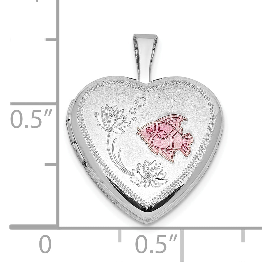 Sterling Silver RH-plated Epoxy Satin Polished Fish 16mm Heart Locket