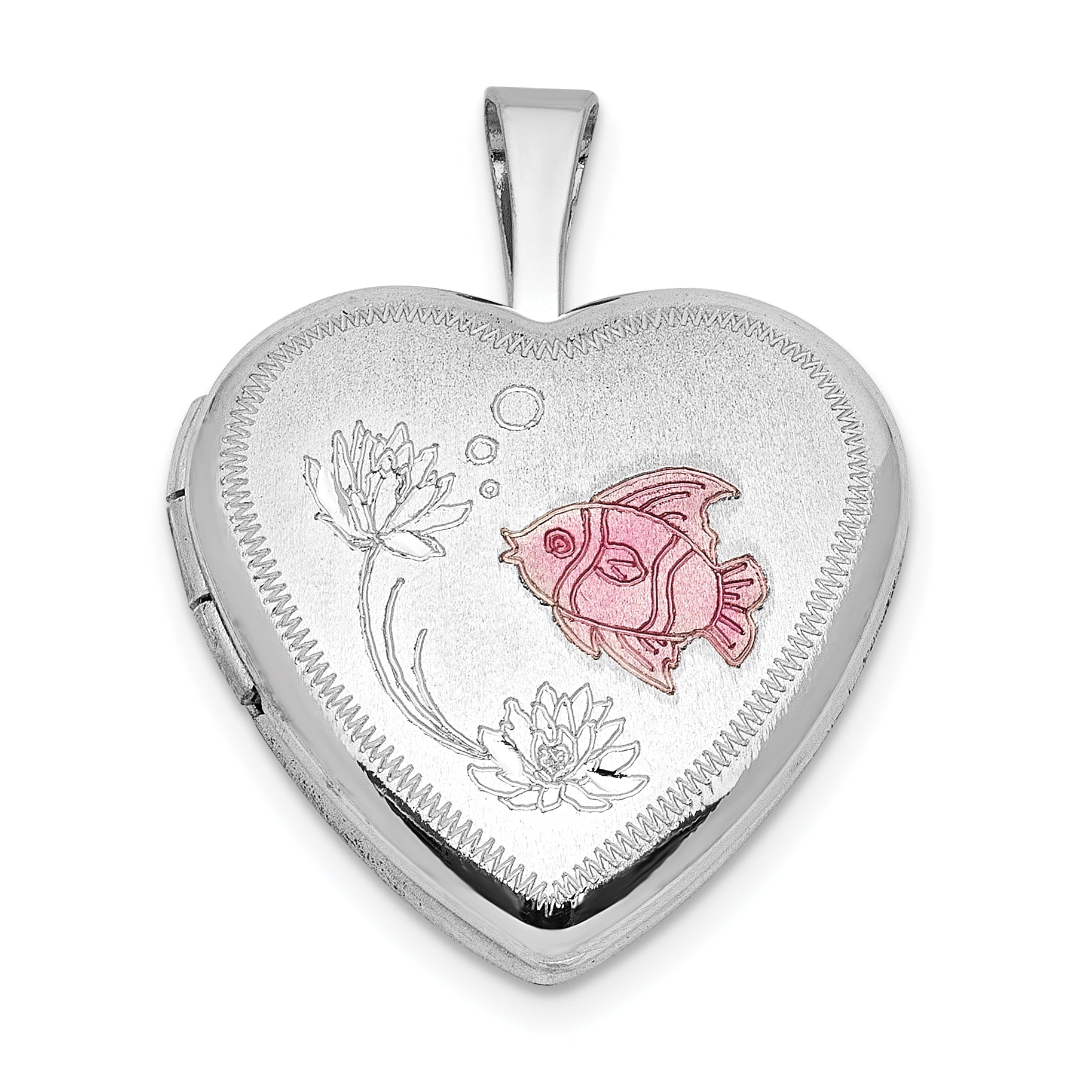 Sterling Silver RH-plated Epoxy Satin Polished Fish 16mm Heart Locket