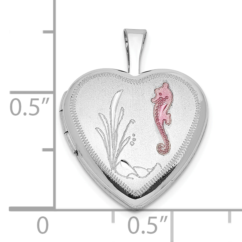 Sterling Silver RH-plat Epoxy Satin Polished Sea Horse 16mm Heart Locket